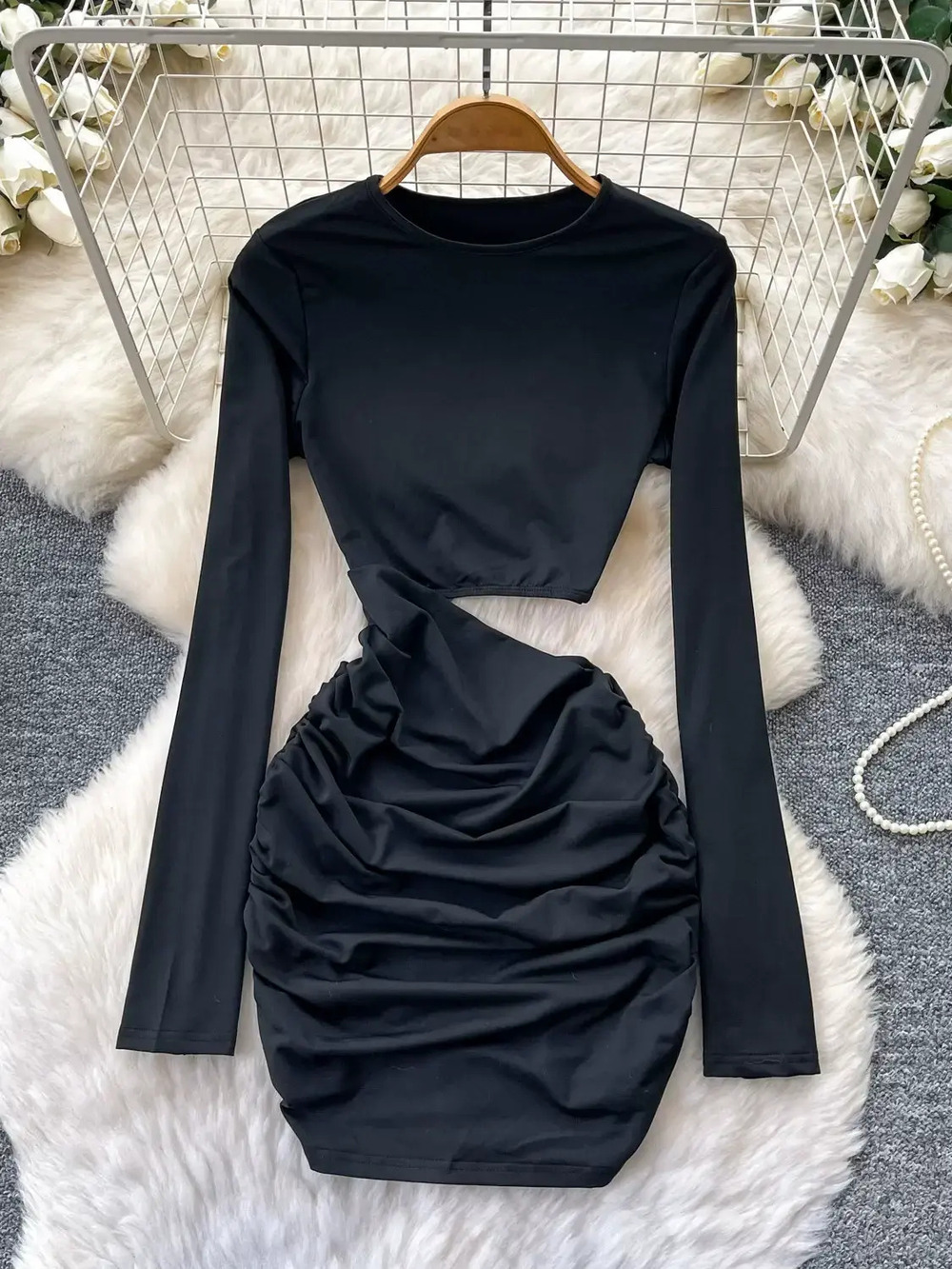 ZARA V Neck Pleated Bodycon Long Sleeve Office Dress